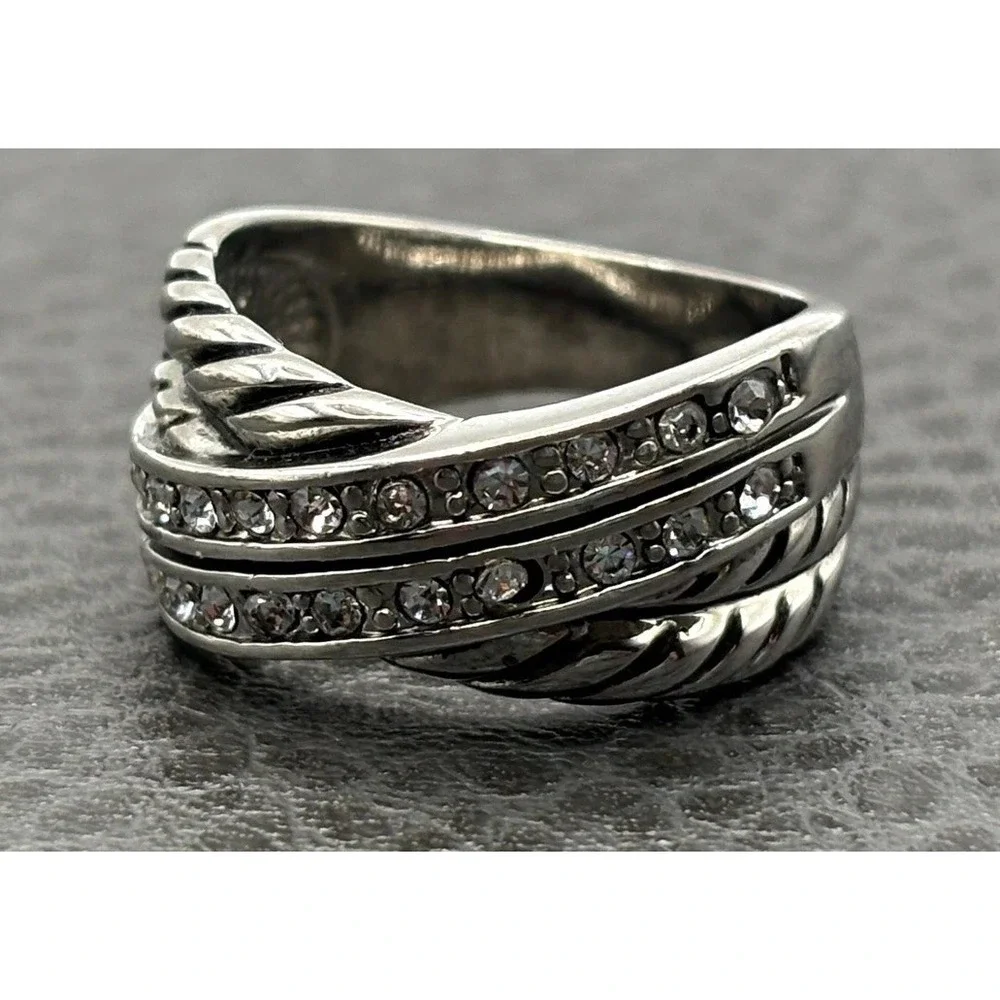 Woven Silver Plated Cubic Zirconia CZ Twisted Cocktail X Band Ring Sz 7
